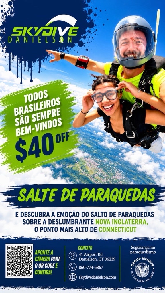 Skydive Danielson oferece desconto especial para brasileiros em saltos de paraquedas