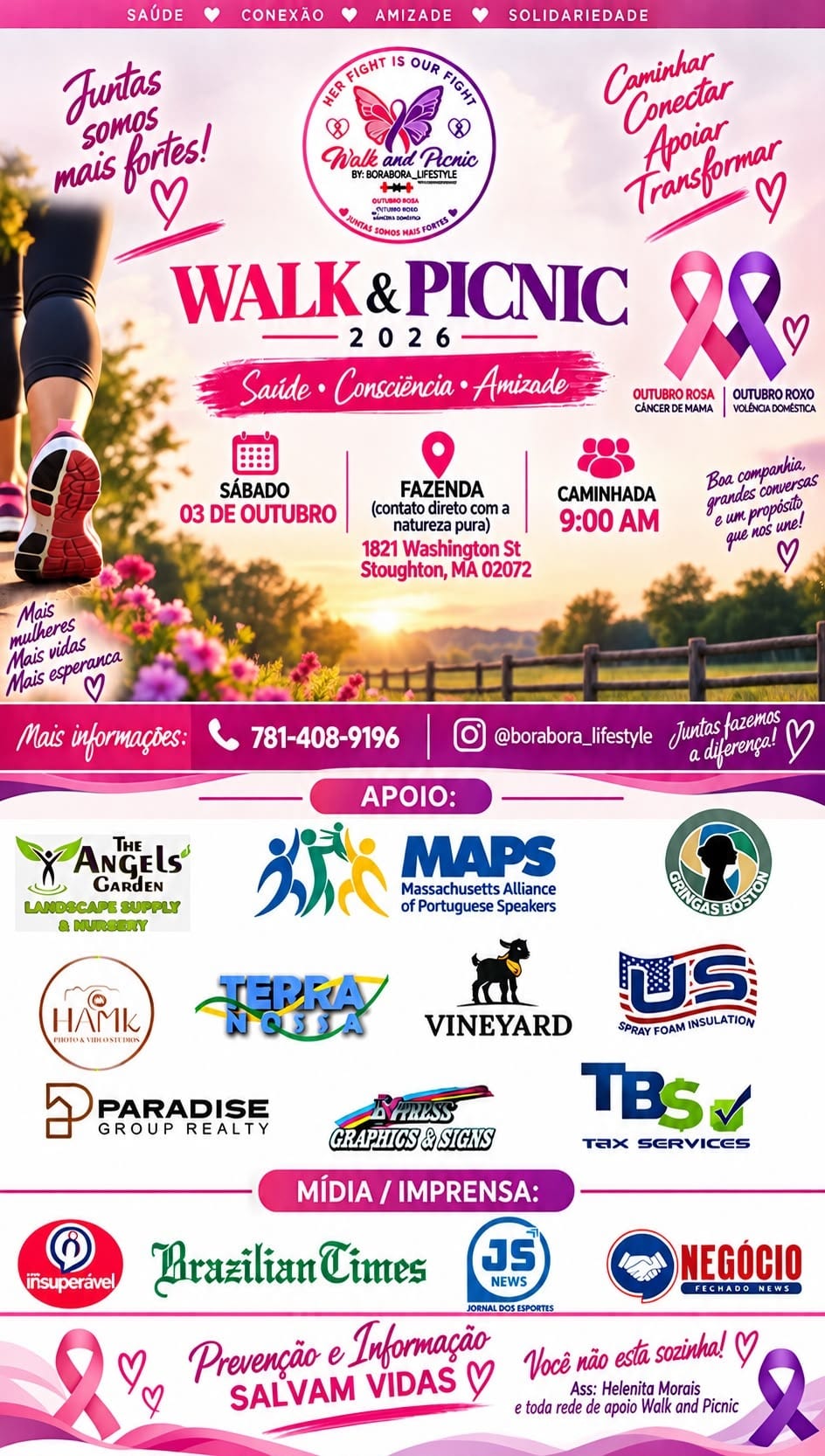 Walk & Picnic 2026 promove caminhada em Massachusetts com foco em saúde, prevenção e apoio às mulheres