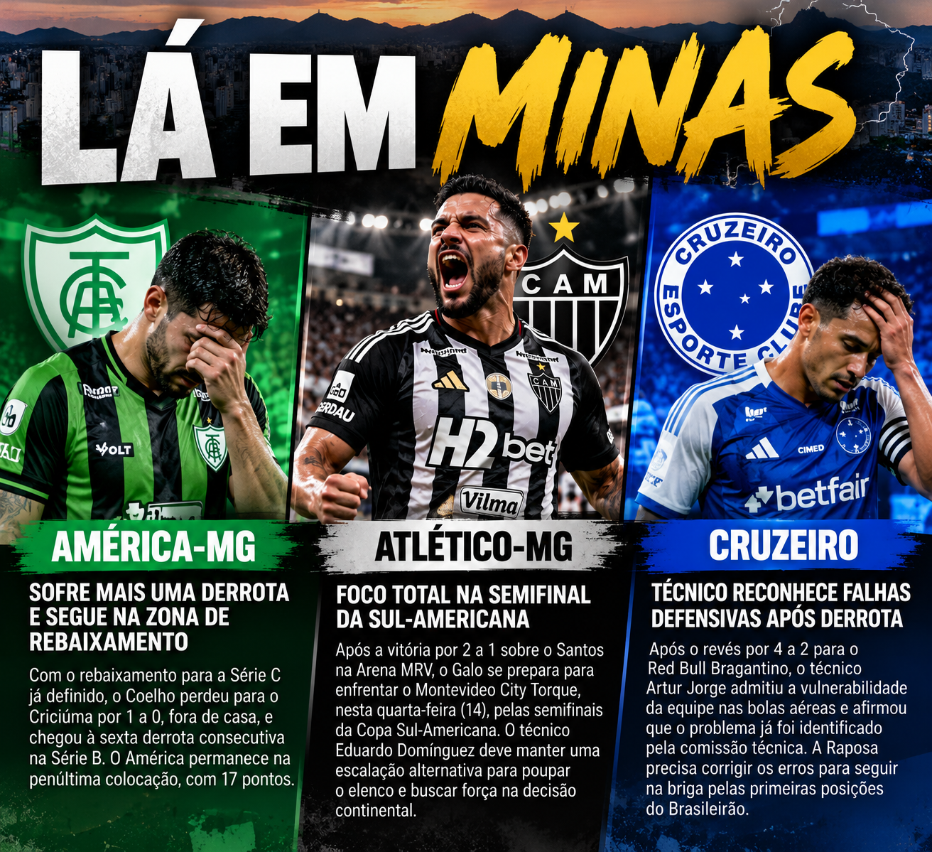 LÁ EM MINAS: Atlético mira semifinal da Sul-Americana, Cruzeiro busca corrigir falhas e América acumula derrotas