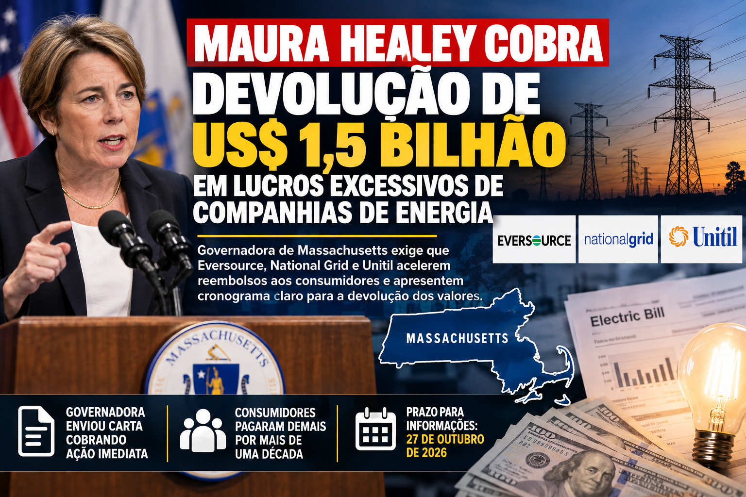 Maura Healey cobra devolução de US$ 1,5 bilhão em lucros excessivos de companhias de energia de New England