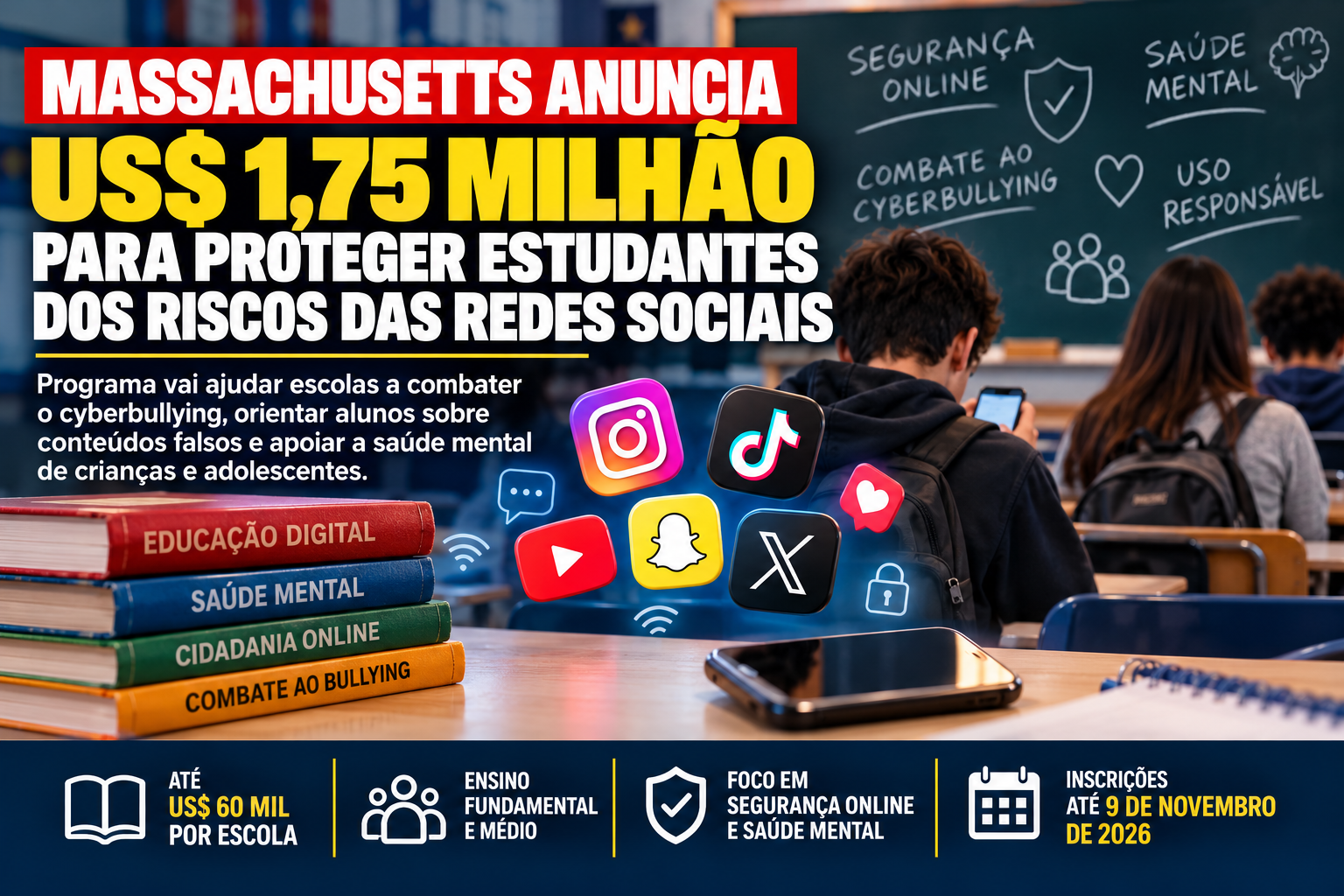 Massachusetts anuncia US$ 1,75 milhão para proteger estudantes dos riscos das redes sociais